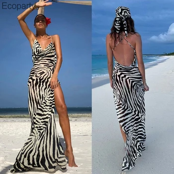 Nový Sexy Letné Podväzkové Šaty Pre Ženy 2022 Móda Na Pláži Strane Split Zebra Vzor Backless Klubu Strany Dlhé Šaty Vestido