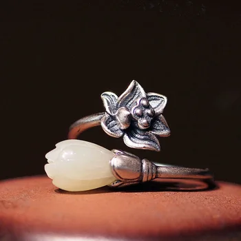 Prírodné Hetian kvet magnólie lotus otvorenie nastaviteľný krúžok Čínskom štýle retro České elegantné kúzlo strieborné šperky