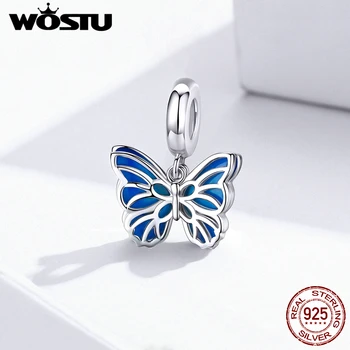 WOSTU Autentické 925 Sterling Silver Motýľ Visieť Charms Modré Smalt Korálky Fit Originálny Náramok DIY Náhrdelník Šperky FNC149