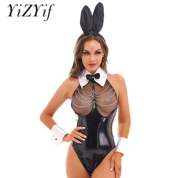 Sexy Cute Halloween Bunny Dievča Cosplay Kostým Faux Kožené Králik Žena Nastaviť Oka Hrudi Na Zips Rozkroku Kombinézu Fancy Dress Up