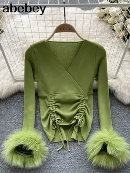 Y2K Svetre V Krku Oblečenie Pierko Oprava Knitwear Dlhý Rukáv Vesty Zelenej Ženy Streetwear Strany Topy Jeseň