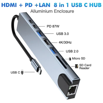 Viacportová USB Typu C Hub S HDMI Výstup USB 3.0 SD/TF Karty, Čítačky PD Nabíjací Port Kompatibilný Pre Macbook Air Splitter