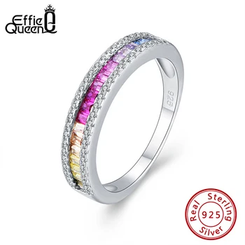 Effie Kráľovná Rainbow Multi Color Cubic Zirconia 925 Sterling Silver Zapojenie Svadobné Party Krúžky pre Ňu Ženy, Dievčatá Darček EQR16