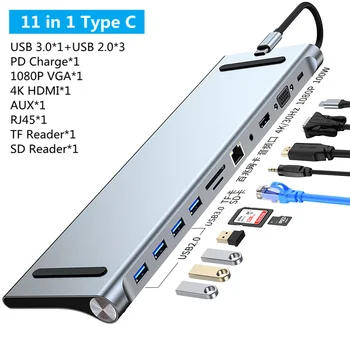 8/11/12-v-1 Typ C Dock USB C 3.0 Hub Rozbočovač Viacportová Adaptér 4K HDMI, RJ45 SD/TF VGA HDMI PD pre Notebook MacBook iPad xiao