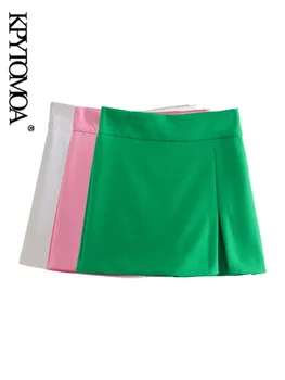 KPYTOMOA Ženy Móda Predné Štrbinou Zelené Šortky Sukne Vintage Vysoký Pás Bočné Zips Žena Skort Mujer