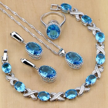 925 Sterling Silver Šperky Modrá Birthstones Šperky Sady pre Ženy, Svadobné Náušnice/Prívesok/Náhrdelník/Krúžky/Náramok