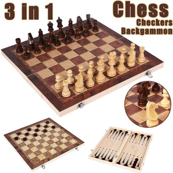3 v 1 Šach Drevený Šach Hra Backgammon Dáma Krytý Šach Pre Rodinné Drevené Skladacie Šachovnici Šachové Figúrky Chessman