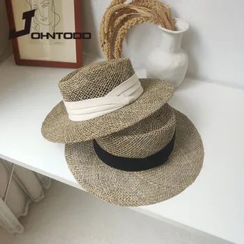 2021 Nový Letný Klobúk so Stuhou Ručné Slamy Pláž Hat pre Ženy Panama Spp Konkávne Byt na Ochranu pred Slnkom Clonu Klobúky Veľkoobchod