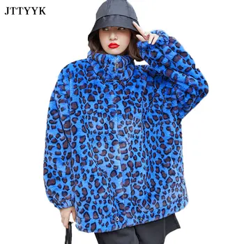 Zimné Nadrozmerné Bunda Ženy Teplé Parkas Modrá Leopard Tlač Umelú Kožušinu Kabát Ženy Dlhý Rukáv Zip Hore Príležitostné Voľné Načechraný Bunda