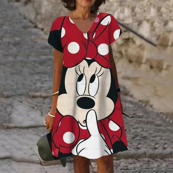 Ženské Pláži Sundresses Disney-Mickey Minnie Šaty pre Ženy 2022 Letné Módy Kawaii Tlač Roztomilý Voľné Prímorské Bežné