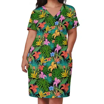 Farebné Svetlé Kvety Šaty V Krku Palmových Listov Tlač Kawaii Šaty Žien Estetické Bežné Šaty S Pocket Plus Veľkosti 4XL 5XL