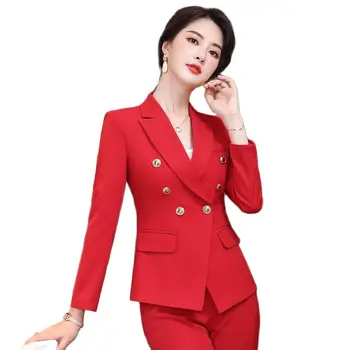 Móda Červená Ženy Formálne Jednotné Vzory Pantsuits Jeseň Zima Profesionálne OL Štýly Dámy Business Blejzre Nastaviť Elegantné Červené