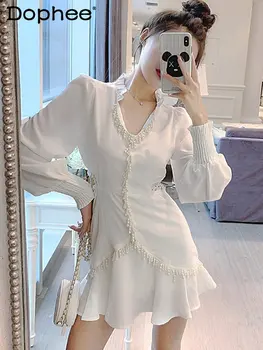 Nové Obliekajú Šaty pre Ženy, Temperamentný Víla Krásne Perly Strapec Jeseň Dlhý Rukáv Oblečenie tvaru Biele Šaty 2022