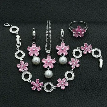 Ružovými Zirkónmi s Bielymi Perlami 925 Sterling Silver Šperky Sady Pre Ženy, Svadobné Náušnice/Prívesok/Náhrdelník/Náramok/Krúžok