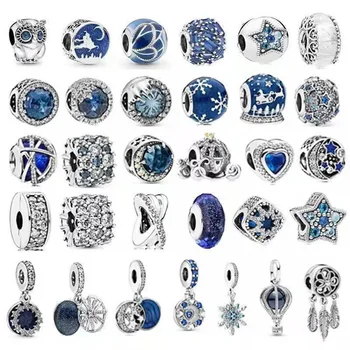 Roztomilý Šumivé Modrou Crystal kúzlo 925 Originales Šterlingov Strieborné korálky pre šperky, takže DIY náramok Ženy Morská víla Momenty
