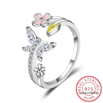 100% 925 Sterling Silver Lásky, Motýľ Ružový Kvet Leaf Jednoduché Otvoriť Prstene pre Ženy, Svadobné Jemné Strieborné Šperky Strany Darček