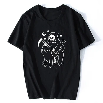 Smrť Jazdí Čierna Mačka Reaper Zábavné Retro Mužov Horor Lebky T-Shirt Harajuku Streetwear Zábavné Estetické Bavlnené Tričko