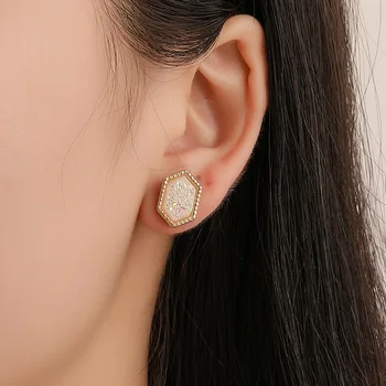 Móda Druzy Stud Náušnice Mini Hexagon Živice Drusy Earings Značky Návrhár Šperkov Zlato Farba ACC pre Dievčatá Lady