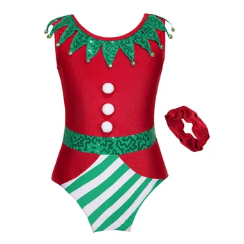 Dievča Vianočné Gymnastické Obleky s hlavovým oblúkom Odev bez Rukávov Atletický Tanec Kombinézu Vianoce Elf Kostým Vianočné Baletné Dancewear