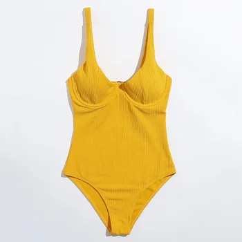 Pevné Žltá Jednodielne Plavky Ženy Sexy Vystrihnúť Push Up Underwire Plavky, Letné Kúpanie Oblek Backless Pláž Nosiť Celé Plavky