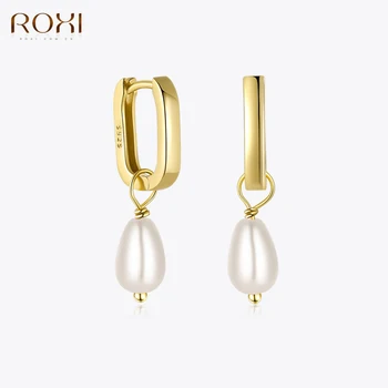 ROXI Bohemia Elegantné Biele Perly Drop Hoop Náušnice Pre Ženy 925 Sterling Silver Dievčatá Svadobné Náušnice Jemné Šperky
