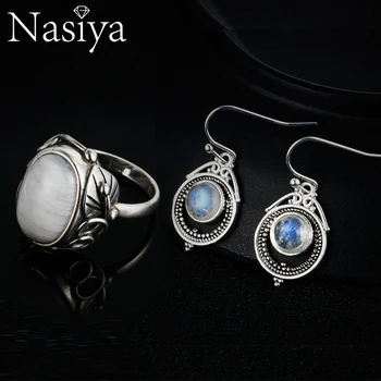 Nasiya 925 Sterling Silver Prírodné Moonstone Vintage Šperky Pre Ženy Drop Náušnice, Prsteň Strany Šperky Set Darček Jemné Šperky