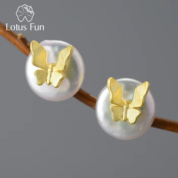 Lotus Zábavné, Nezvyčajné Vintage Prírodné Baroková Perla 18K Zlata Motýľ Stud Náušnice pre Ženy, Skutočné 925 Sterling Silver Jemné Šperky