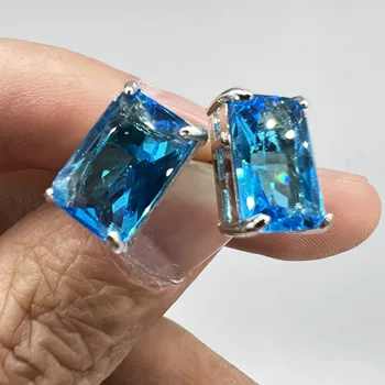 Jednoduchá Žena Aqua Blue Crystal Náušnice Roztomilý Strieborná Farba Malé Stud Náušnice Elegantná Rainbow Námestie Svadobné Náušnice Pre Ženy